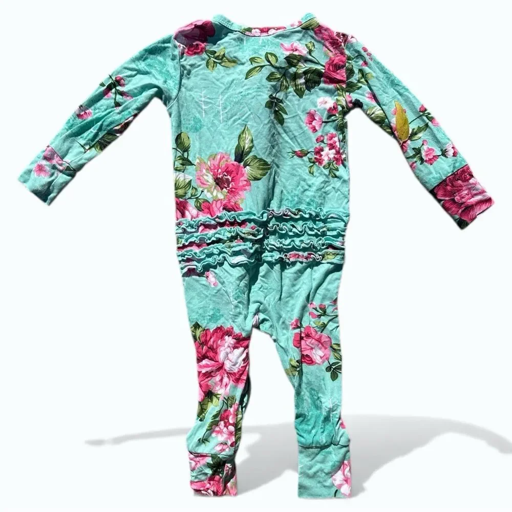 Posh Peanut Aqua Floral Bamboo Zip Footie Pajamas 9-12M Ruffle Sleeper